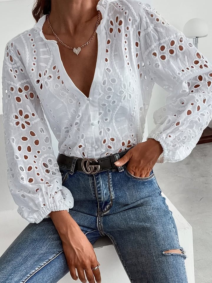 Women's Embroidered Eyelet Blouse with Long Sleeves