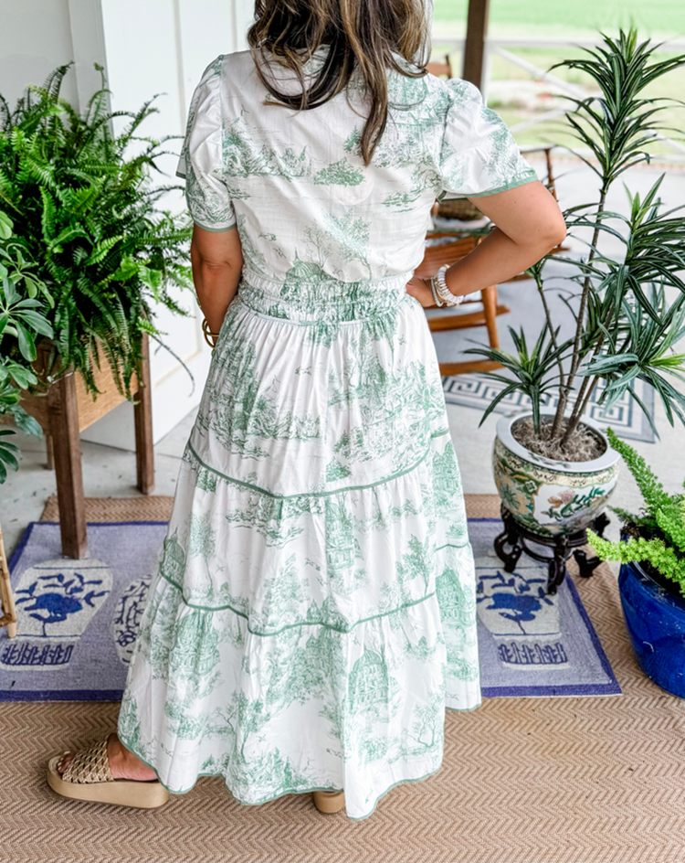 Women's Toile Print Tiered Maxi Dress with Smocked Waist