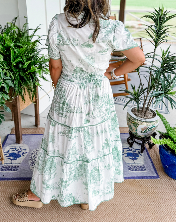 Women's Toile Print Tiered Maxi Dress with Smocked Waist