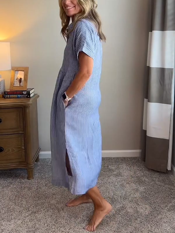 Women's Striped Button Front Midi Shirt Dress Short Sleeve