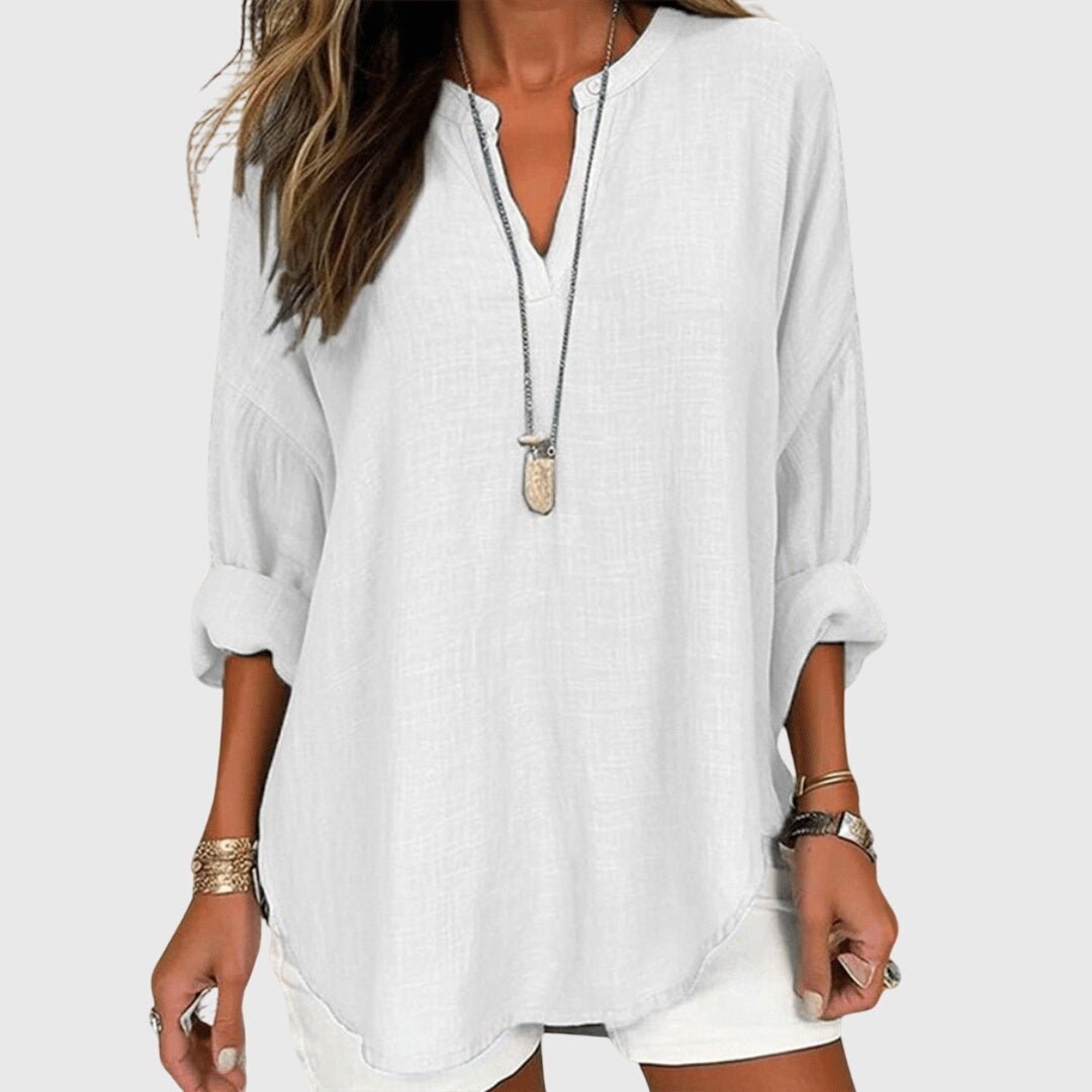 Women's Flowy V-Neck Long Sleeve Linen Beach Shirt