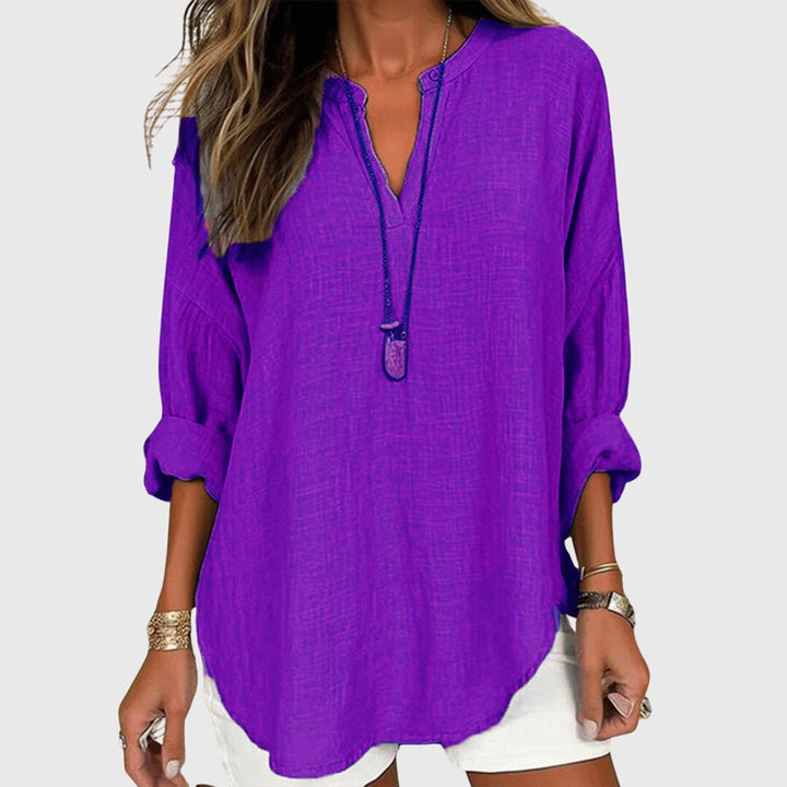 Women's Flowy V-Neck Long Sleeve Linen Beach Shirt