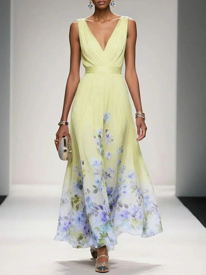 Women's Floral Print V-Neck Wedding Guest Maxi Dress