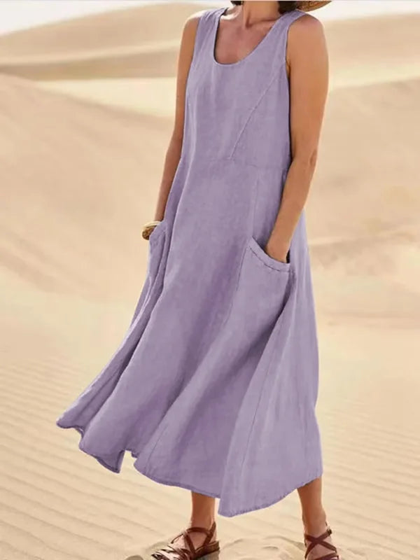 Women's Sleeveless Linen Maxi Dress with Side Pockets