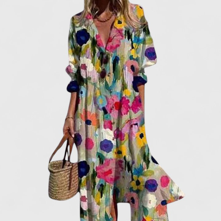 Women's Boho Print Button Down Maxi Shirt Dress