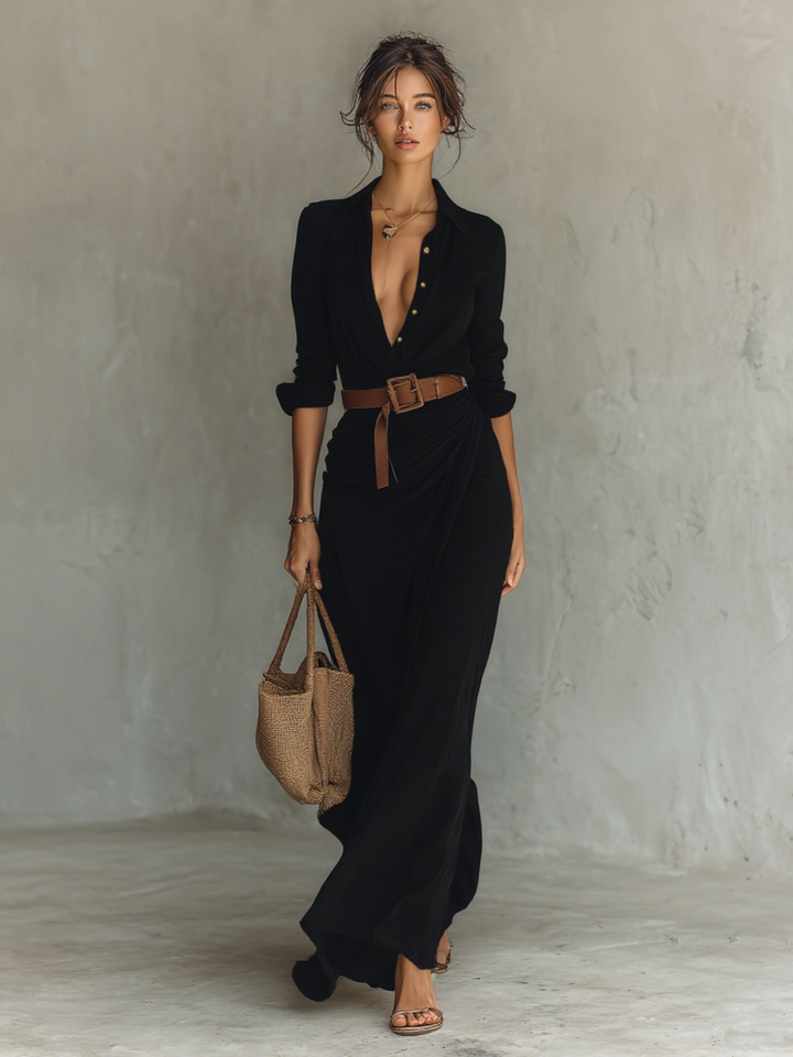 Women's Belted Maxi Dress with Lapel V-Neck and Long Sleeves