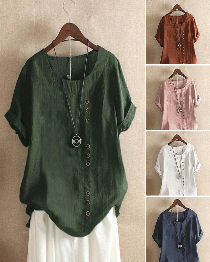 Women's Linen Button Front Crew Neck Short Sleeve Top