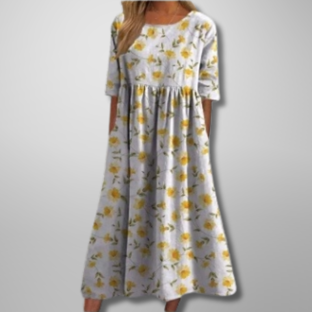Women's Floral Print Round Neck Flowy Midi Dress