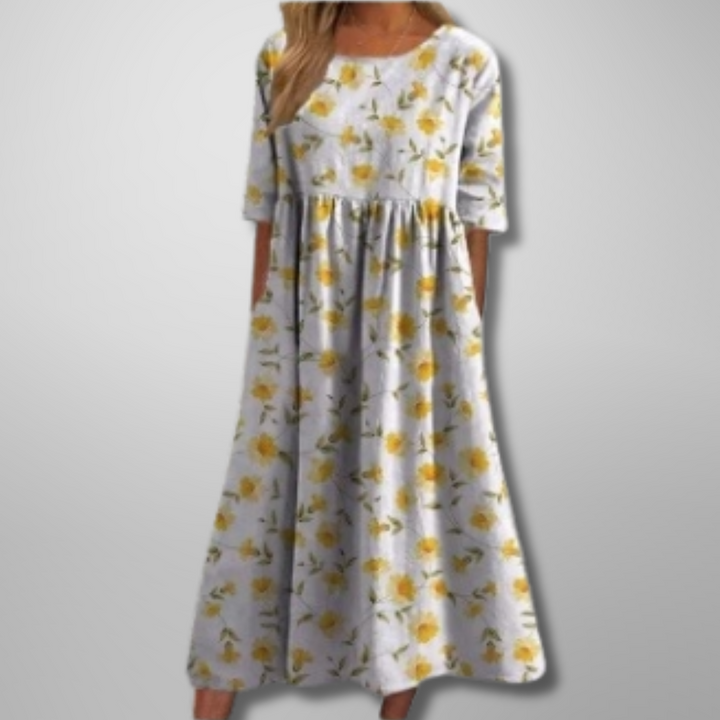 Women's Floral Print Round Neck Flowy Midi Dress