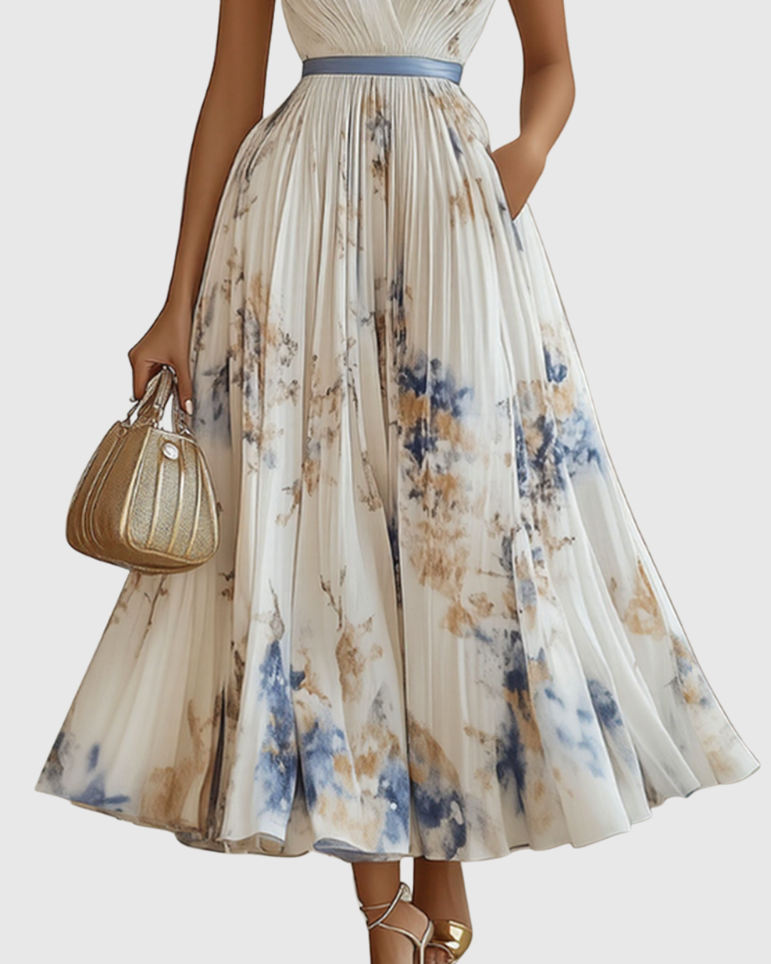 Women's Floral V-Neck Pleated Maxi Dress Ribbon Waist