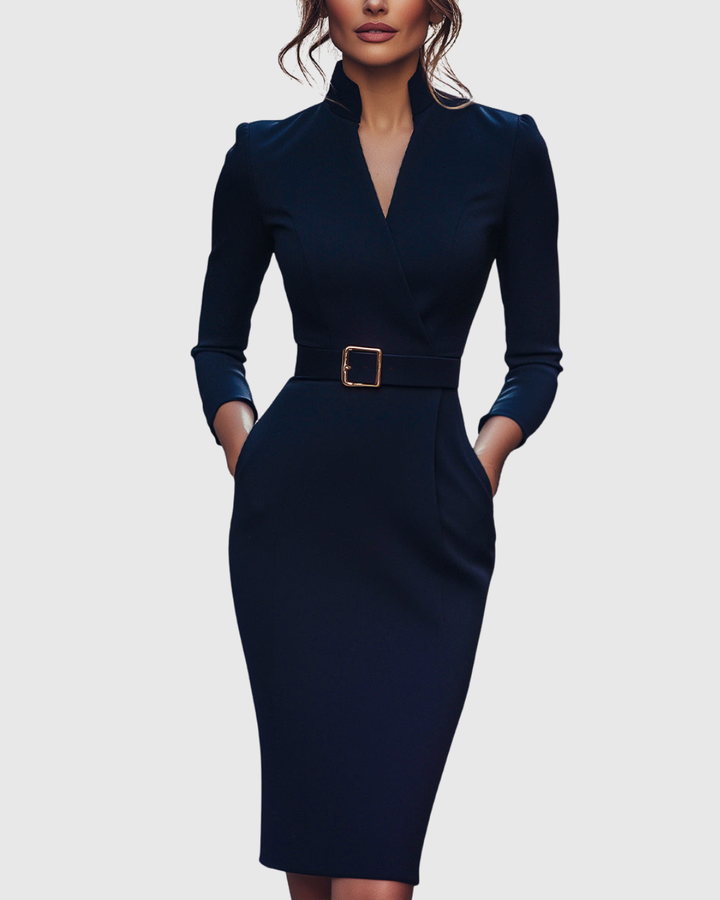 Women's Belted Pencil Midi Dress Long Sleeve V-Neck