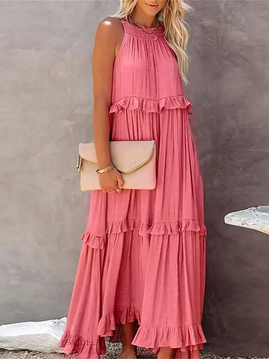 Women's Sleeveless Ruffle Maxi Dress with Halter Neck