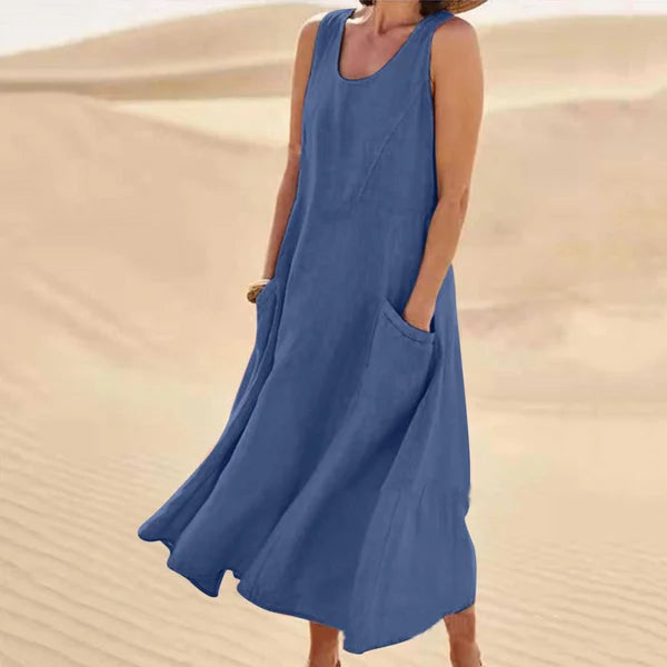 Women's Sleeveless Linen Maxi Dress with Side Pockets