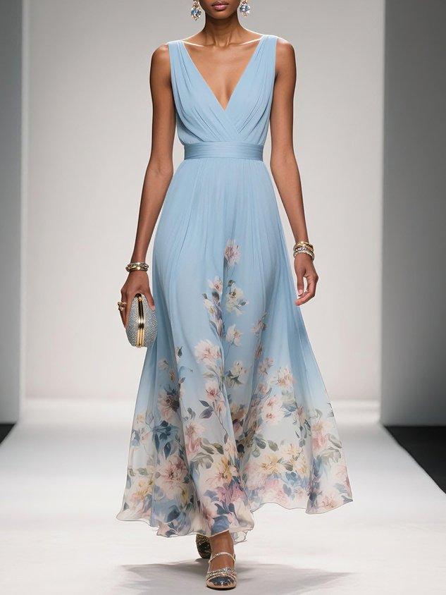 Women's Floral Print V-Neck Wedding Guest Maxi Dress