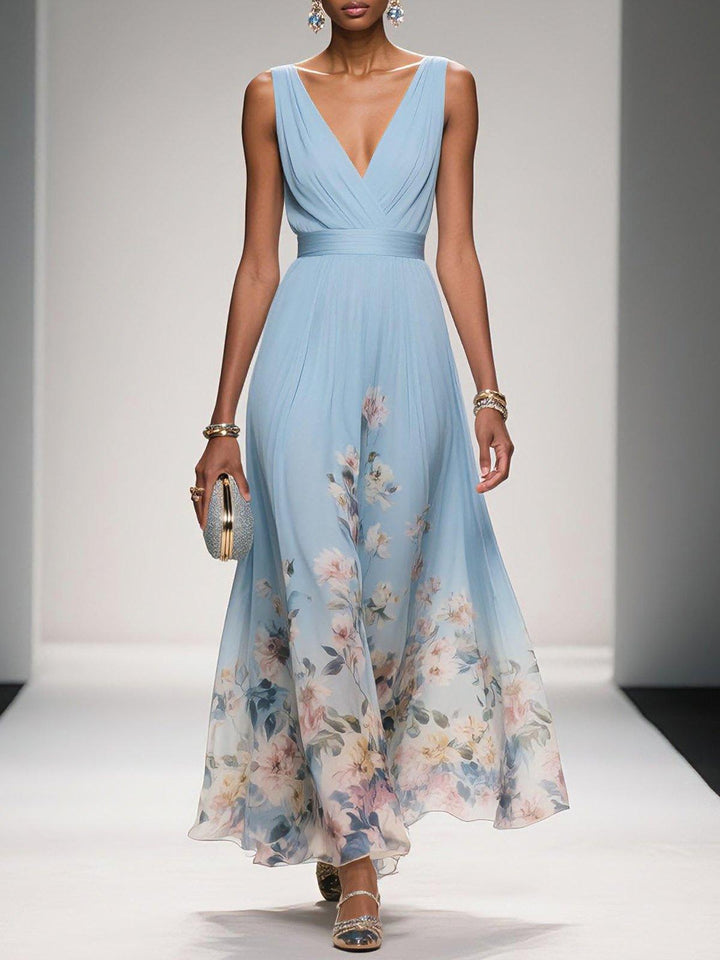 Women's Floral Print V-Neck Wedding Guest Maxi Dress
