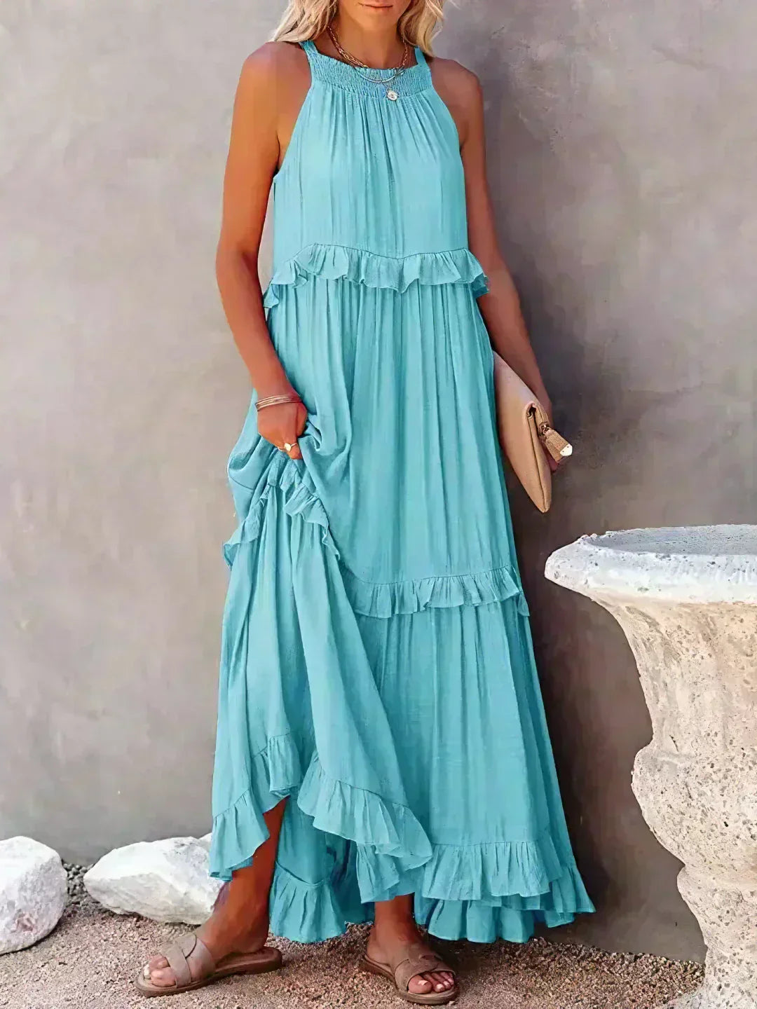 Women's Sleeveless Ruffle Maxi Dress with Halter Neck