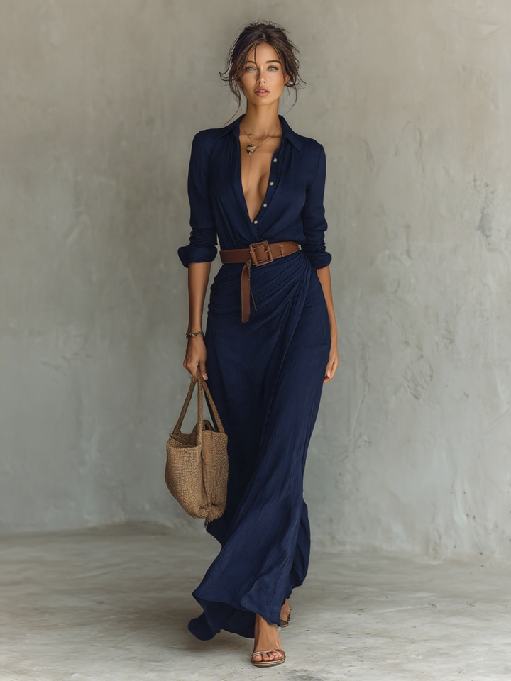 Women's Belted Maxi Dress with Lapel V-Neck and Long Sleeves