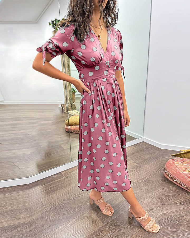 Women's Polka Dot V-Neck Midi Dress with Belt
