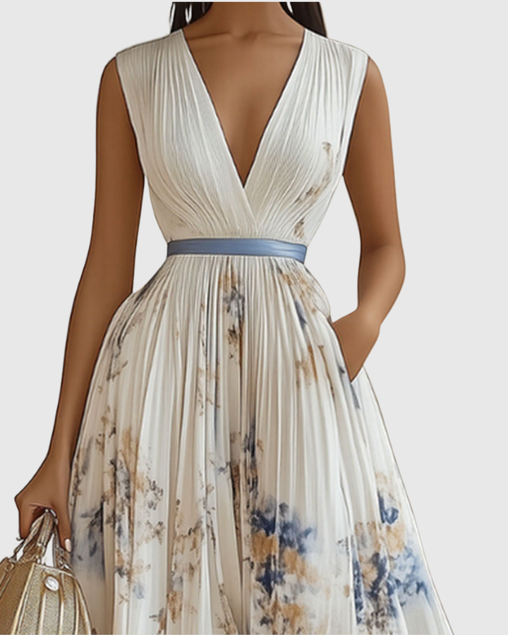 Women's Floral V-Neck Pleated Maxi Dress Ribbon Waist