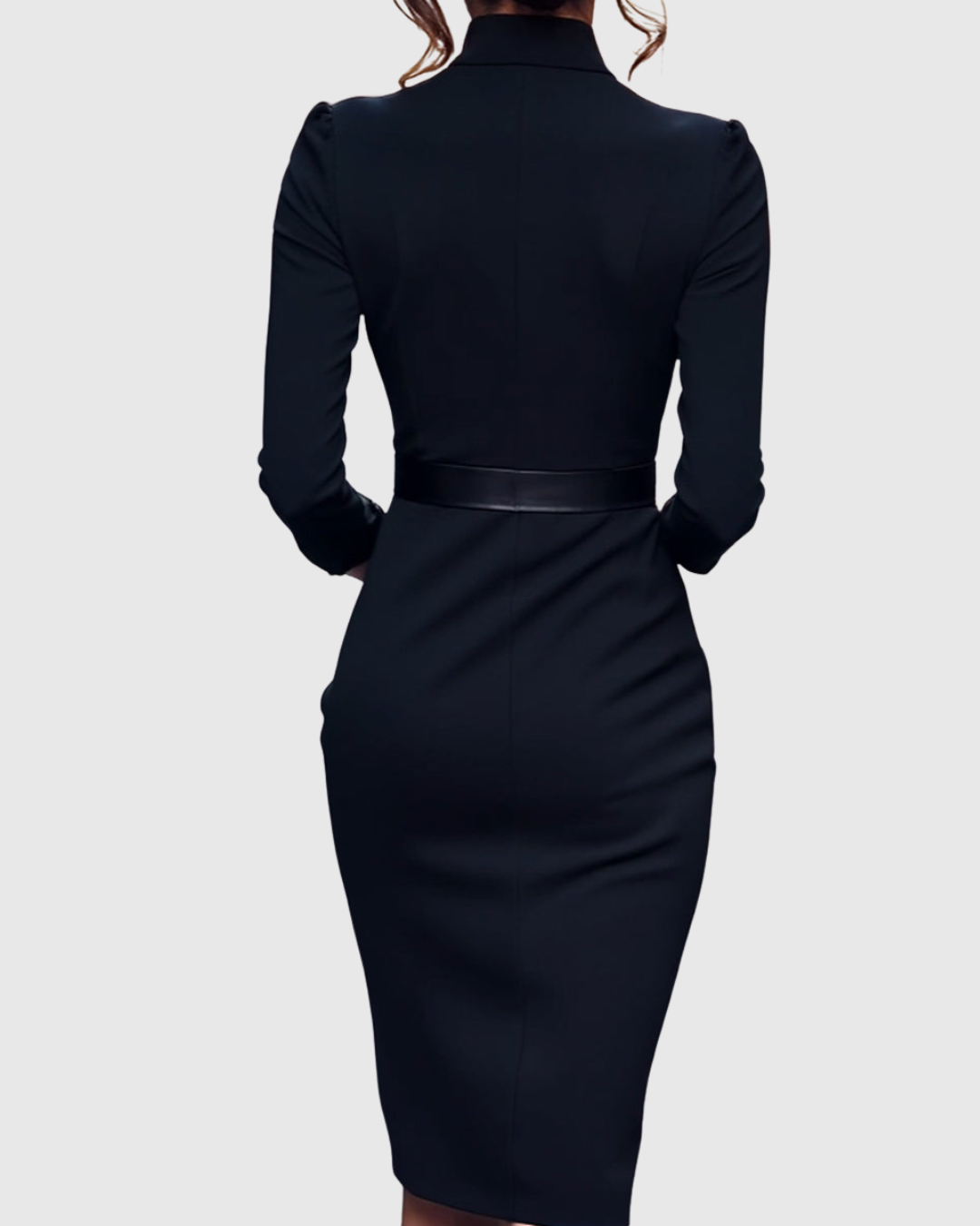 Women's Belted Pencil Midi Dress Long Sleeve V-Neck