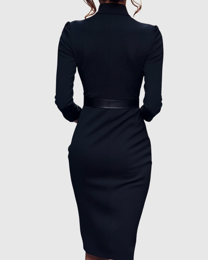 Women's Belted Pencil Midi Dress Long Sleeve V-Neck