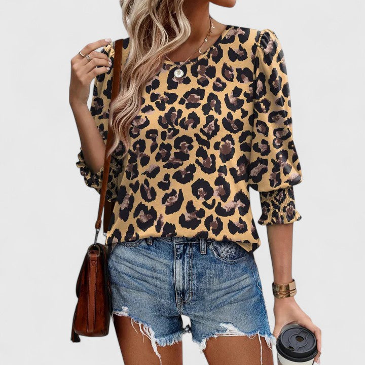 Women's 3/4 Sleeve Crew Neck Top with Smocked Cuffs