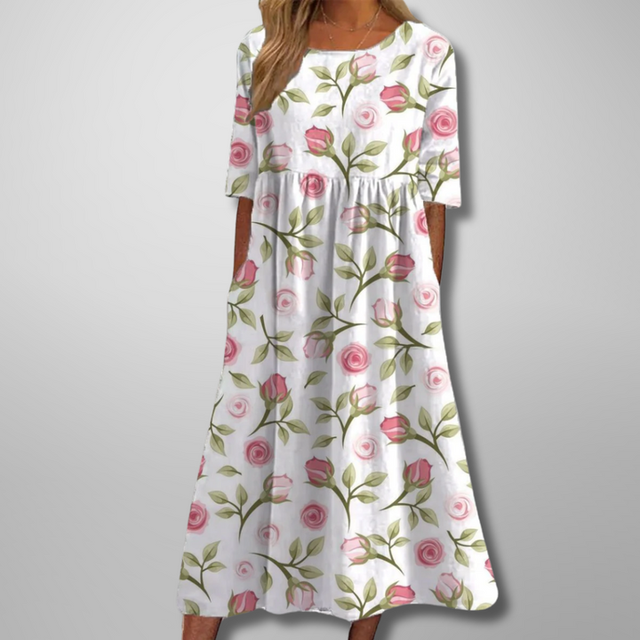 Women's Floral Print Round Neck Flowy Midi Dress