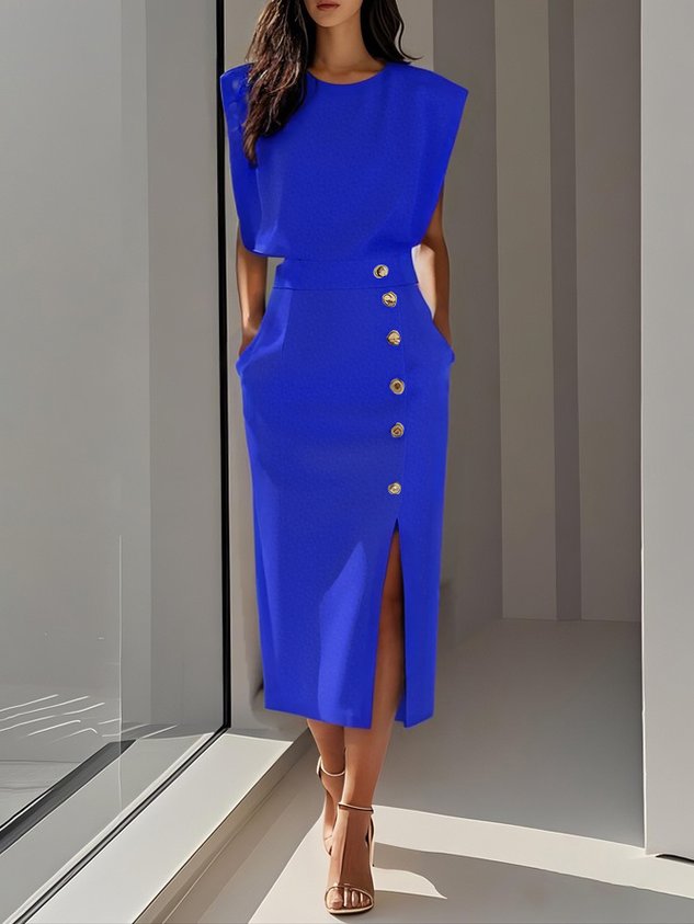 Women's Sleeveless Midi Dress Button Detail Side Split