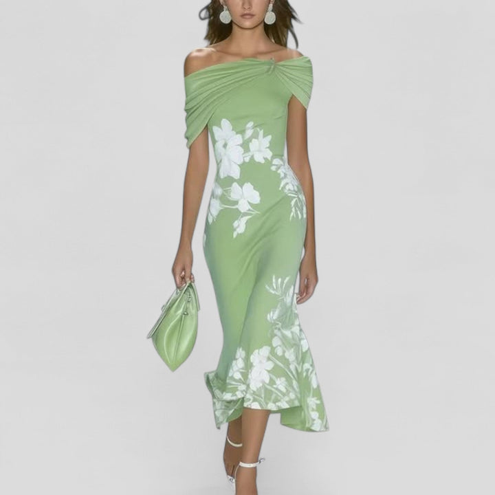 Women's Off-Shoulder Floral Midi Dress with Ruffle Hem and Wrap Neckline