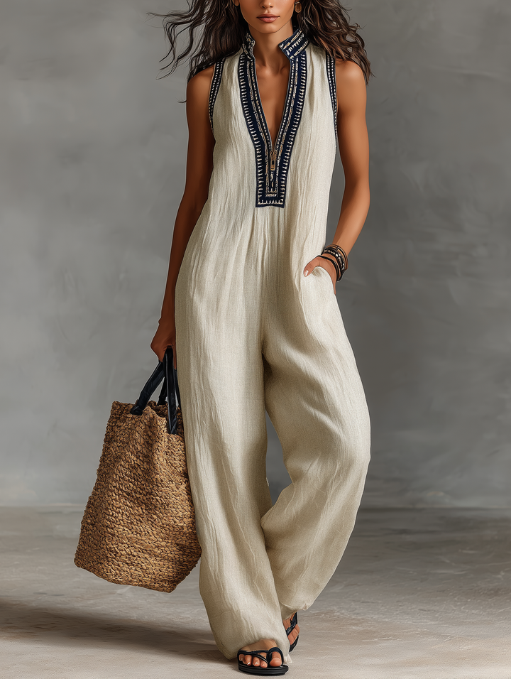 Women's Linen Blend Jumpsuit Sleeveless Wide Leg Boho