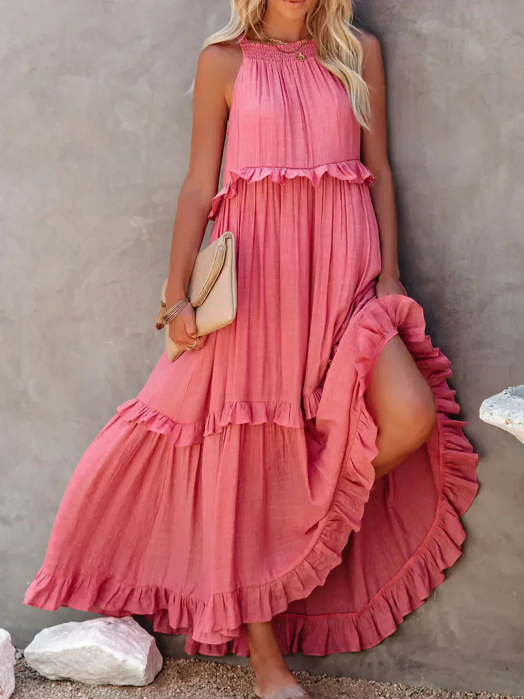 Women's Sleeveless Ruffle Maxi Dress with Halter Neck