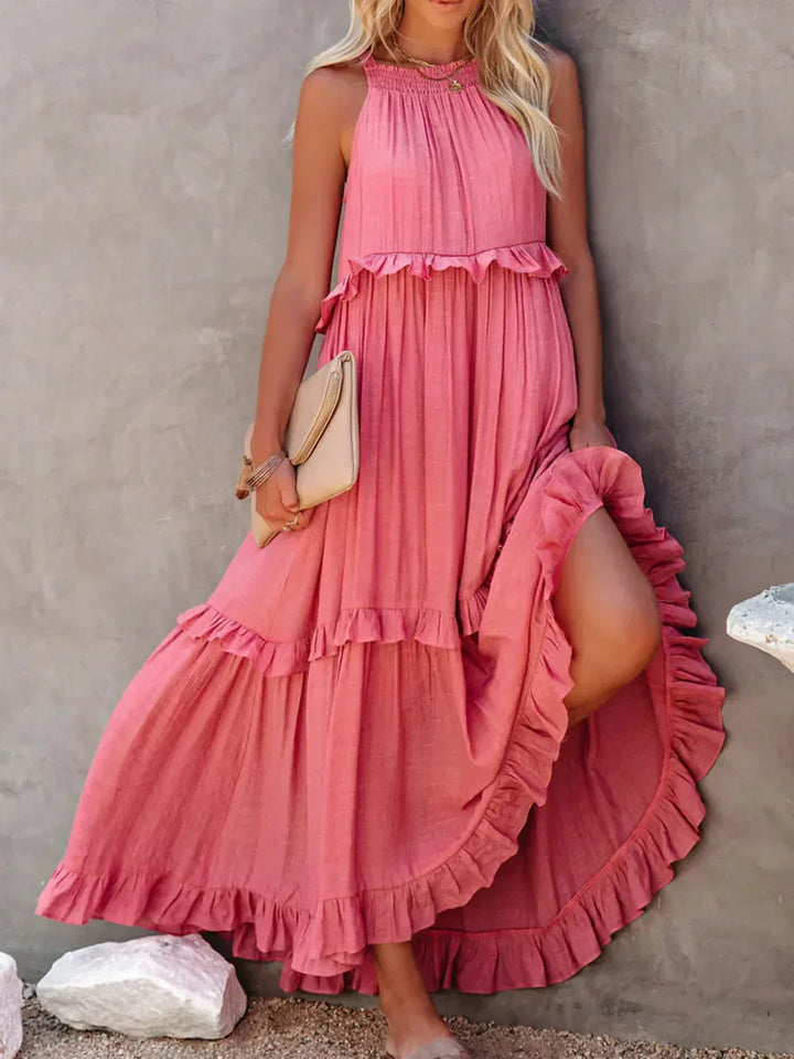 Women's Sleeveless Ruffle Maxi Dress with Halter Neck
