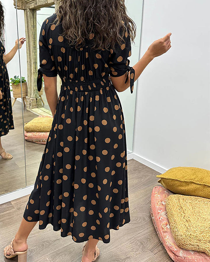 Women's Polka Dot V-Neck Midi Dress with Belt