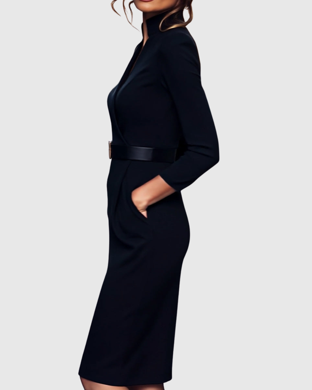 Women's Belted Pencil Midi Dress Long Sleeve V-Neck