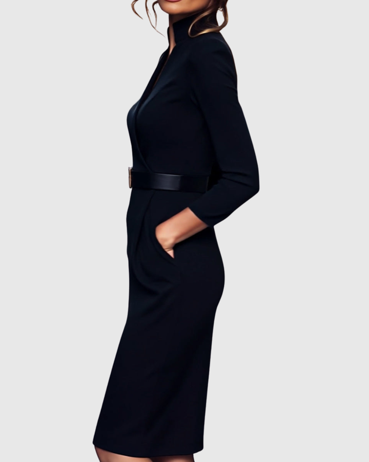 Women's Belted Pencil Midi Dress Long Sleeve V-Neck