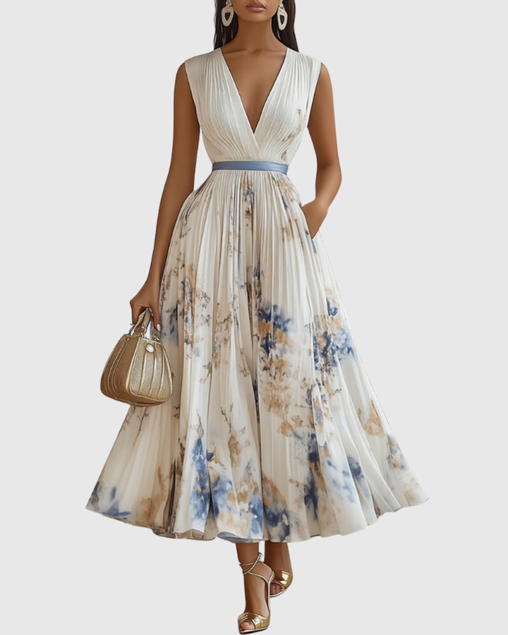 Women's Floral V-Neck Pleated Maxi Dress Ribbon Waist