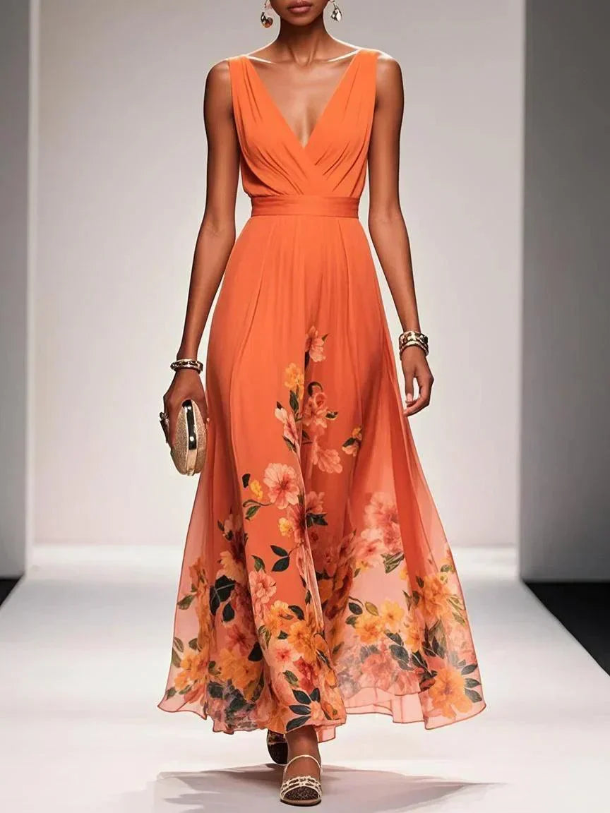 Women's Floral Print V-Neck Wedding Guest Maxi Dress