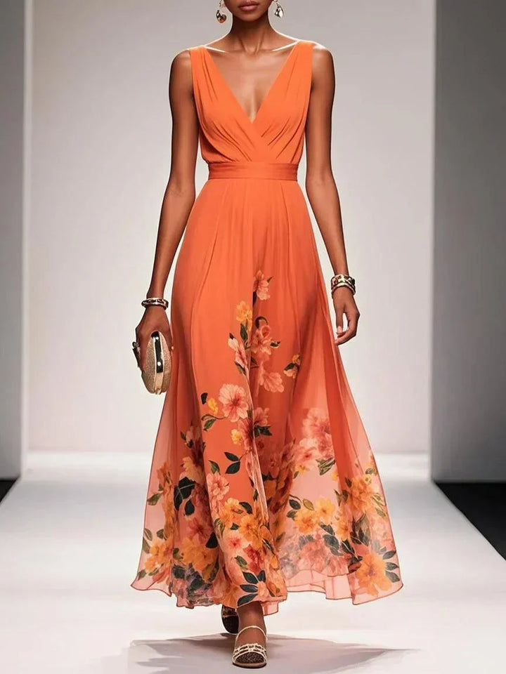 Women's Floral Print V-Neck Wedding Guest Maxi Dress