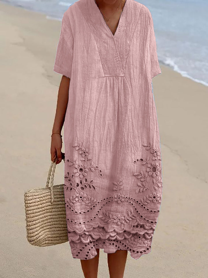 Women's V-Neck Lace Hem Short Sleeve Midi Dress