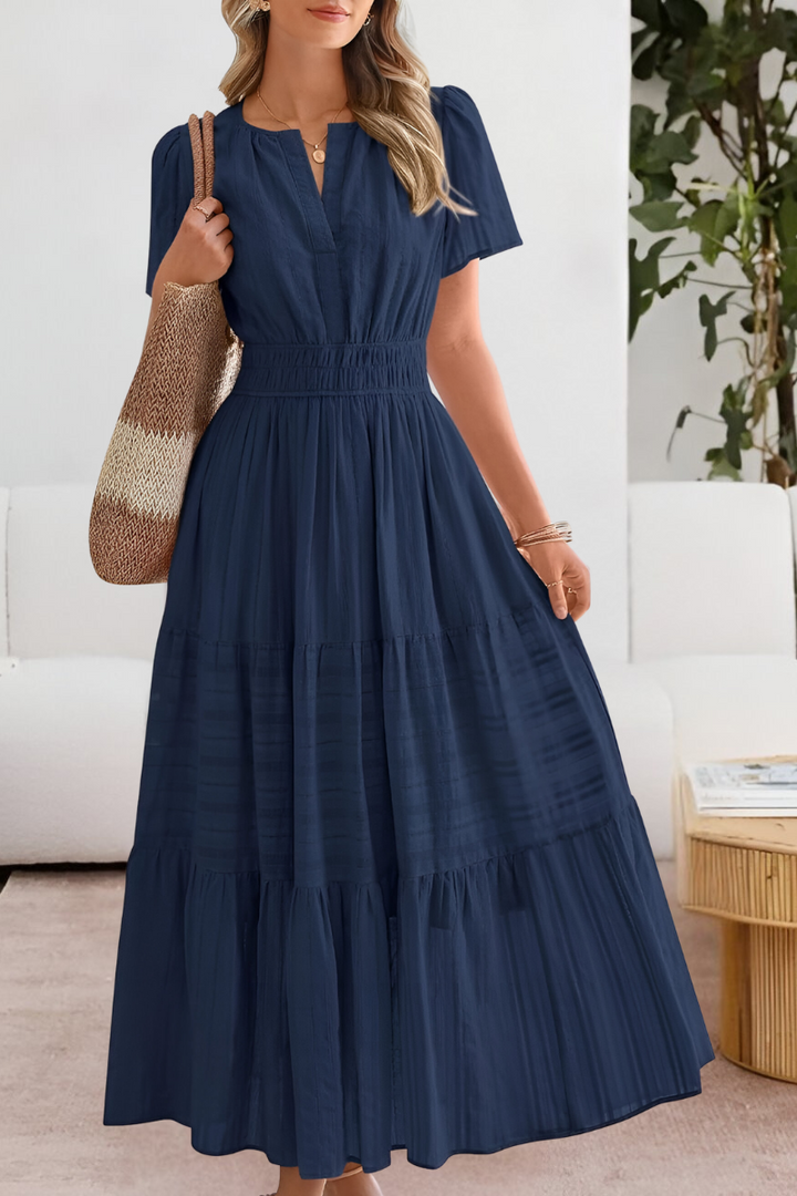 Women's Tiered Maxi Dress Short Sleeve Boho A-Line