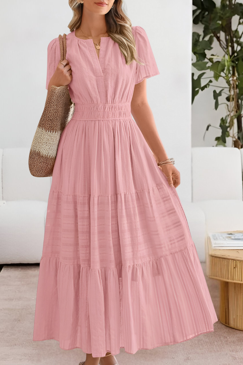Women's Tiered Maxi Dress Short Sleeve Boho A-Line