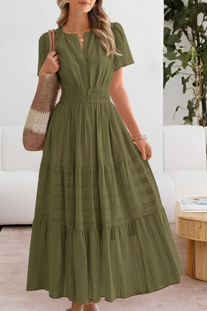 Women's Tiered Maxi Dress Short Sleeve Boho A-Line