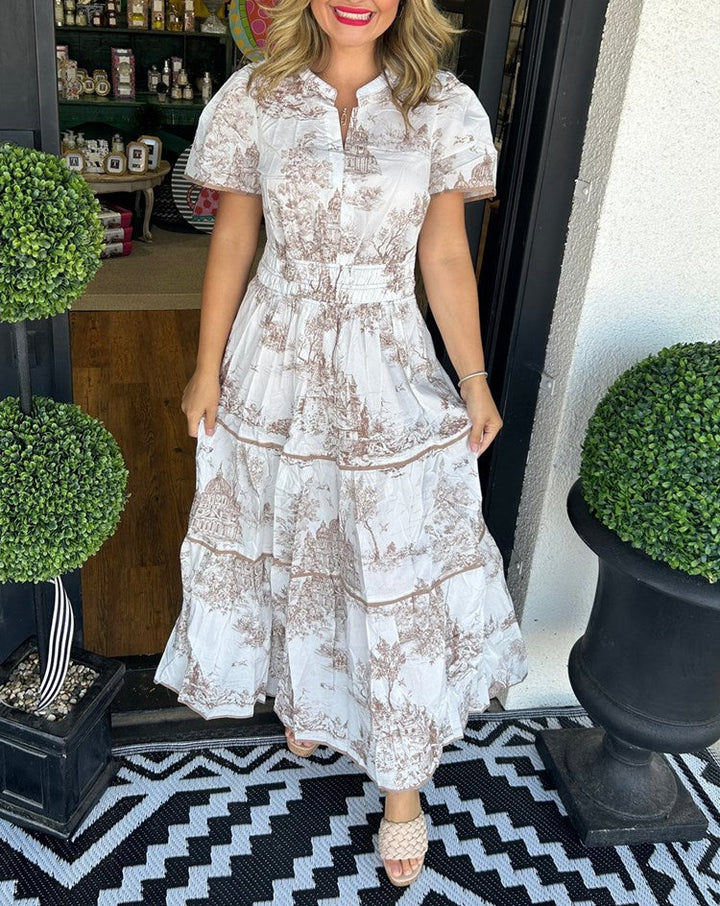 Women's Toile Print Tiered Maxi Dress with Smocked Waist