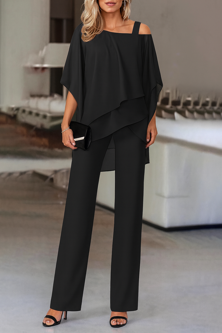 Women's Cold Shoulder Chiffon Top & Wide Leg Pants Set