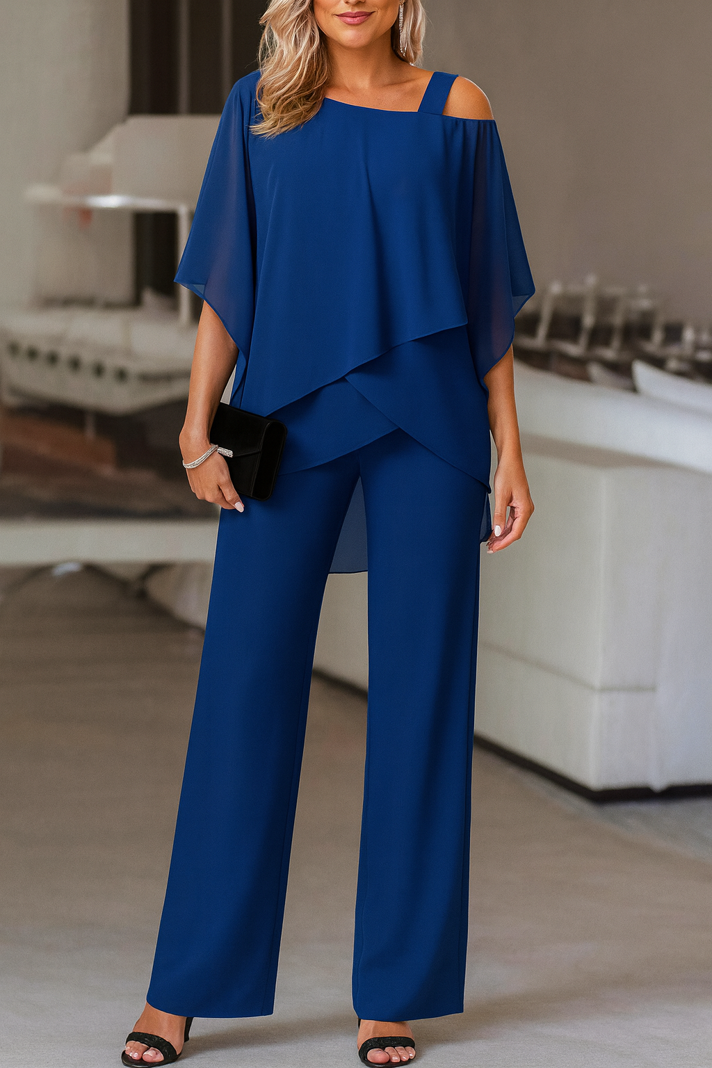 Women's Cold Shoulder Chiffon Top & Wide Leg Pants Set