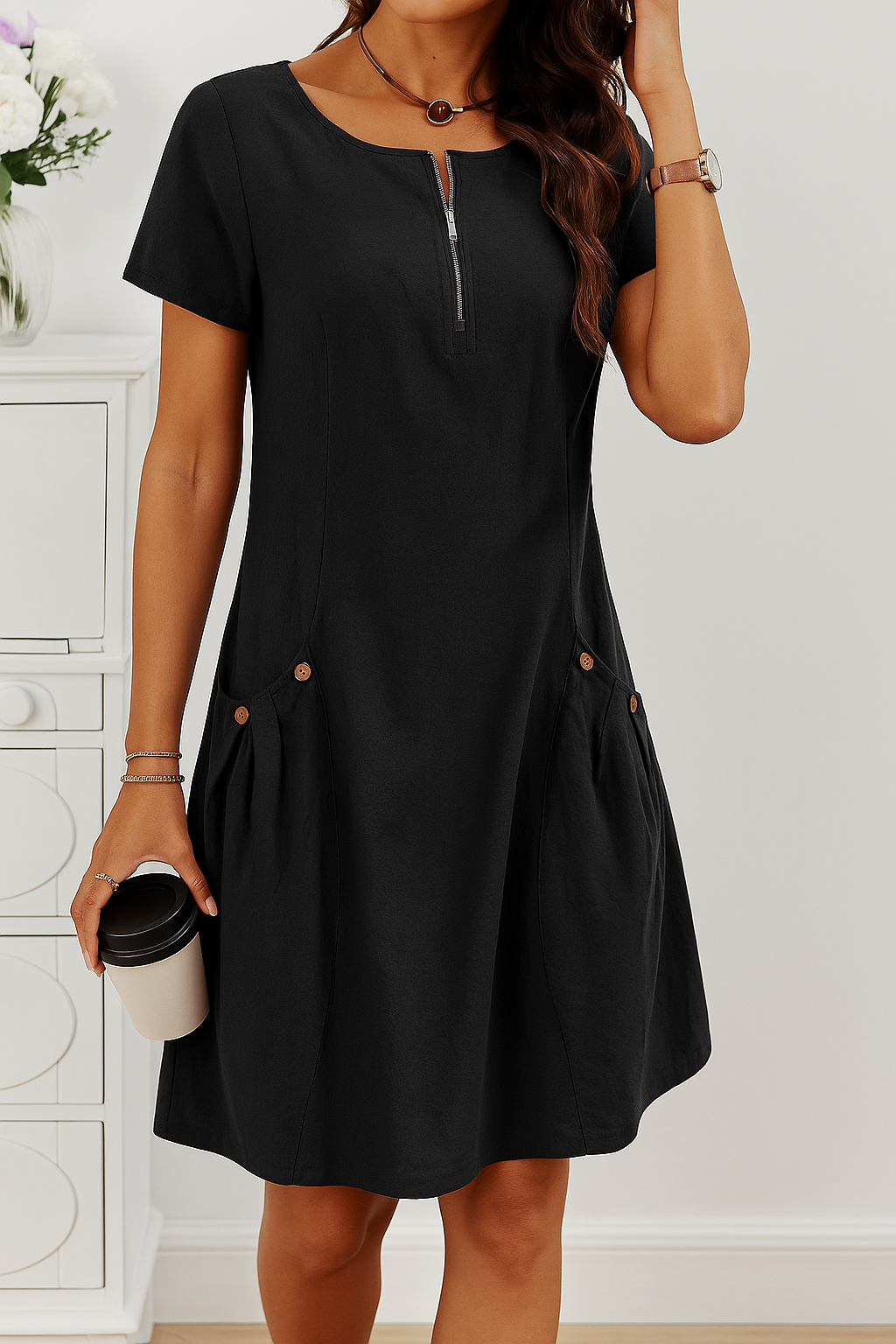 Women's Summer Mini Dress with Button Detail and Pockets