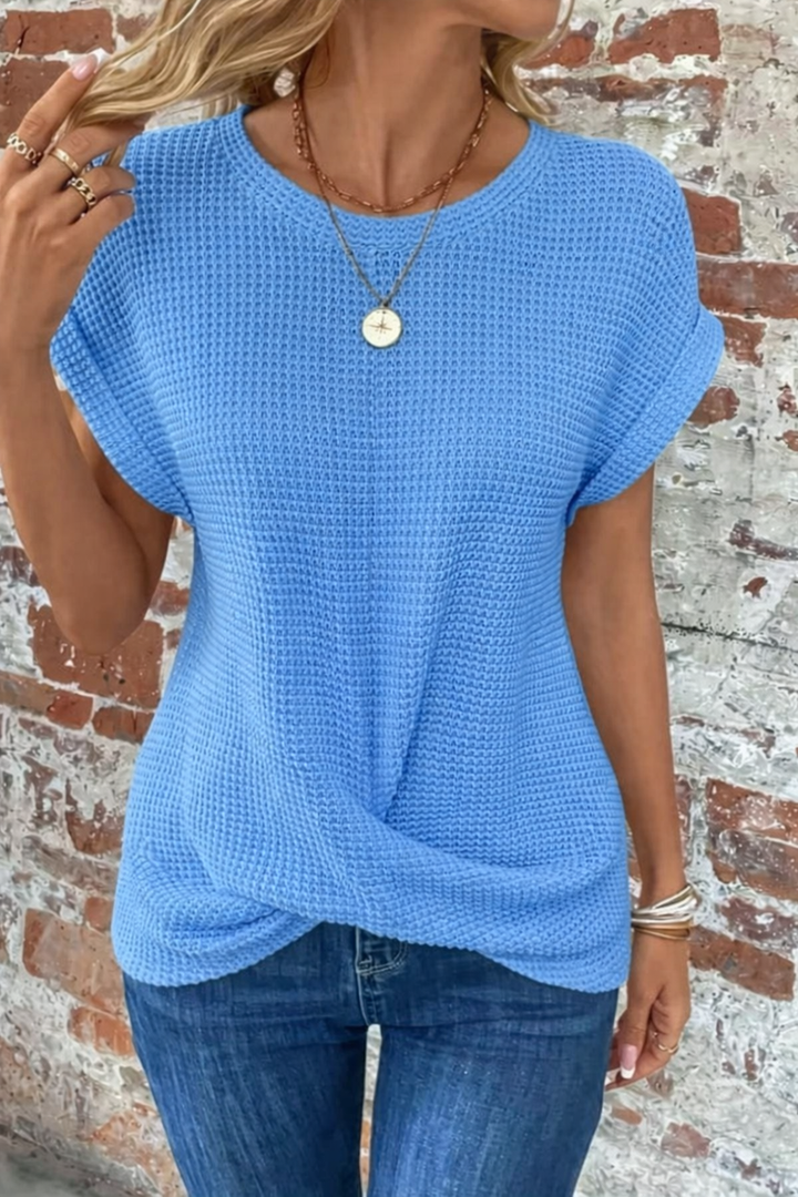 Women's Waffle Knit Twist Front Casual Tee with Rolled Sleeves