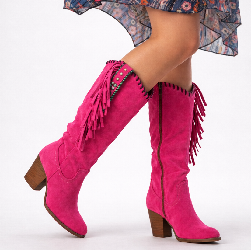 Women's Boho Fringe Embroidered Block Heel Western Knee-High Boots