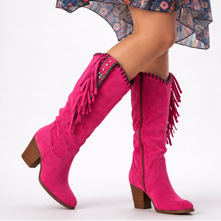 Women's Boho Fringe Embroidered Block Heel Western Knee-High Boots