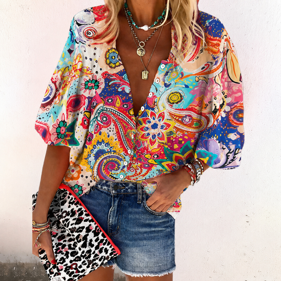Women's Boho Print V-Neck Long Sleeve Button Down Blouse